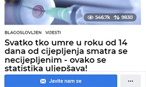 Croatian anti-vaxxers claim in a Facebook post from 6 October 2020 that “Anyone who dies within 14 days of vaccination is considered unvaccinated – this is how the statistics improve!”
