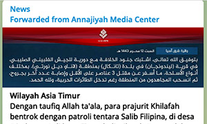 Indonesian translation of Amaq News Agency report of the battle between “Caliphate soldiers” and “Philippine Crusaders” in “East Asia Province